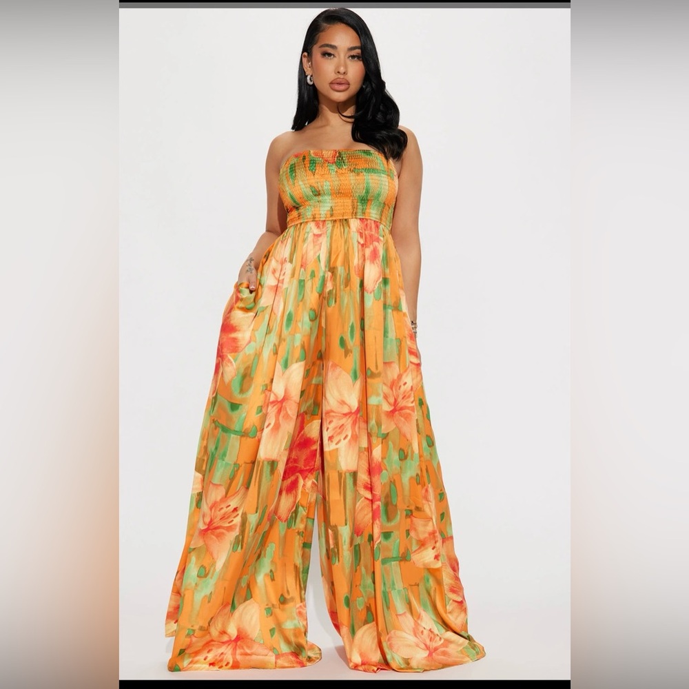 Fashion Nova floral satin strapless jumpsuit